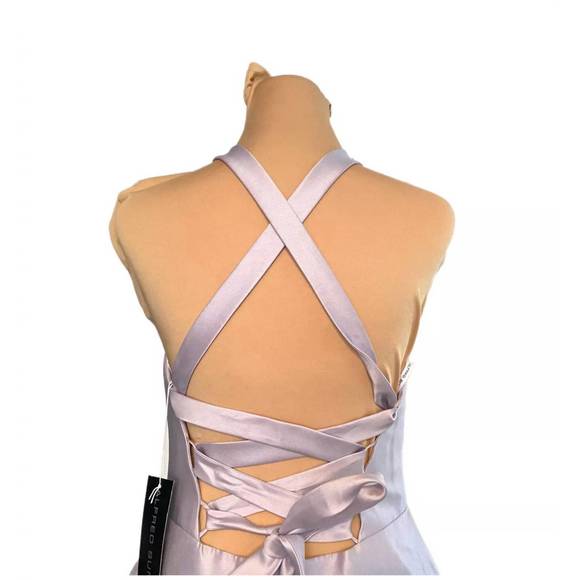 NEW ALFRED SUNG halter neck satin crisscross gown in moondance - Picture 6 of 6